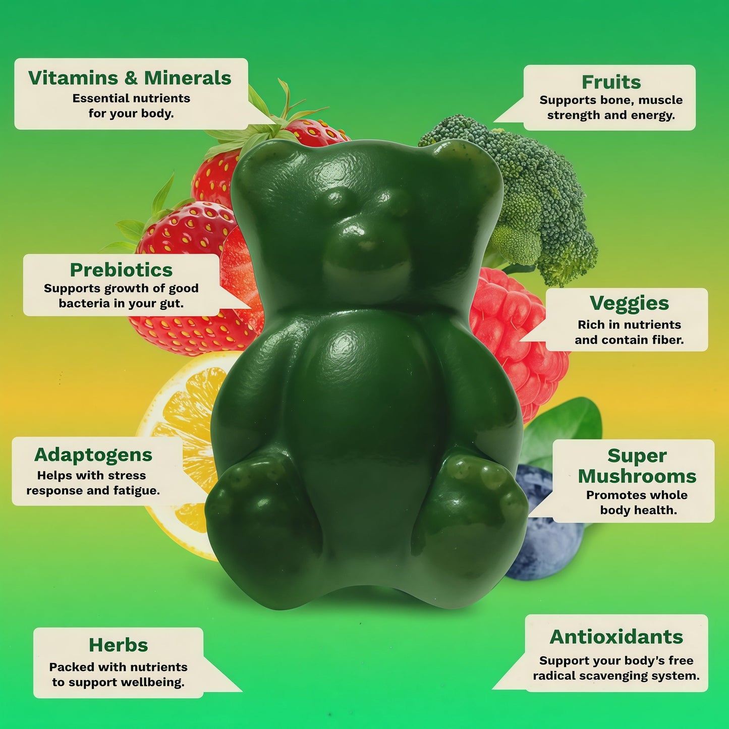 Gruns Adult Sugar-Free Super Greens Multivitamin Gummies, Superfood Gummy Vitamins for Women and Men with Spirulina, Chlorella, Adaptogens & Prebiotic Fiber for Digestive Health (28 Count)